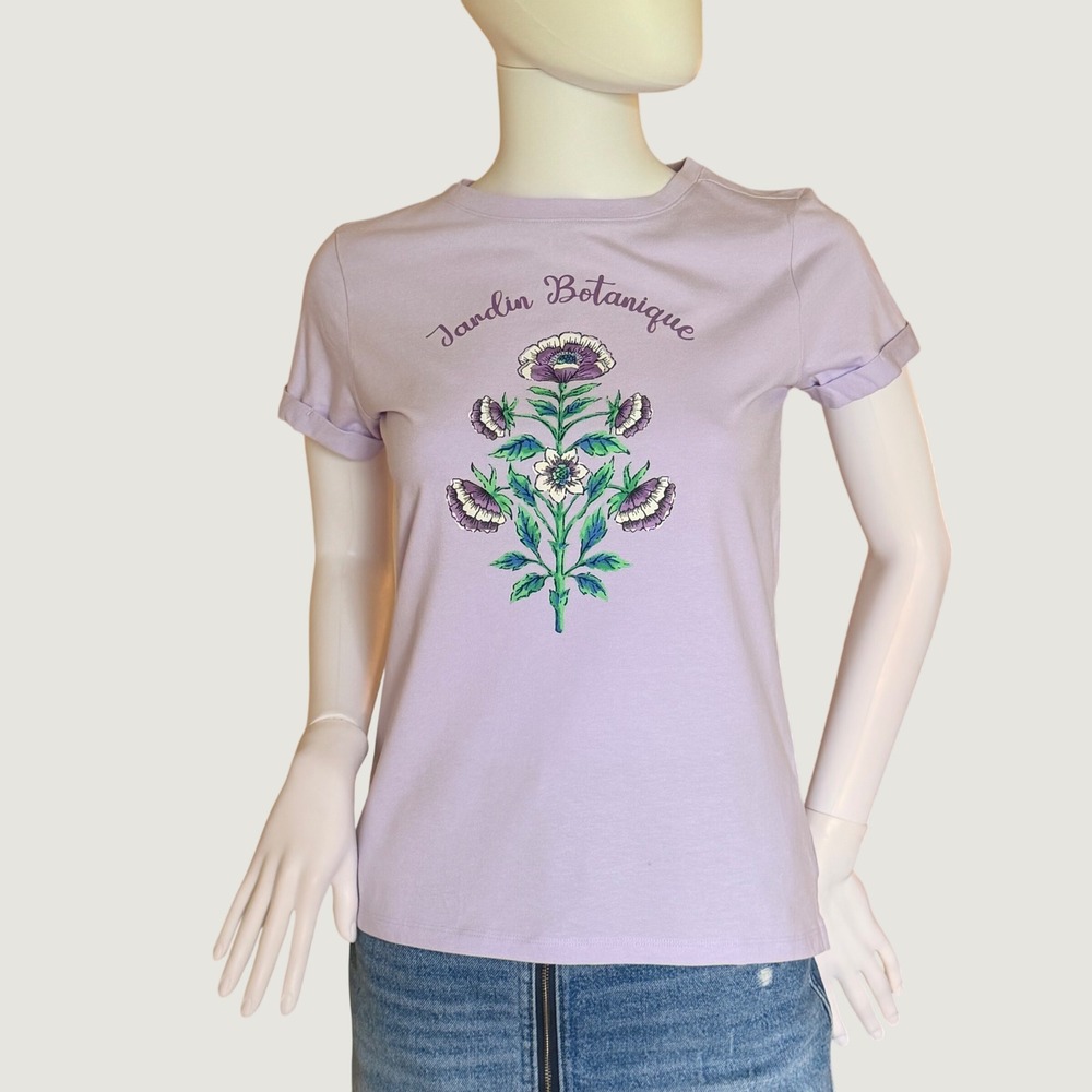 As is Talbots Women Lavender Jardin Botanique Floral Graphic Cotton Tee Shirt XS